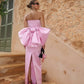 Rosa Satin Trägerloses Langes Ballkleid Abendkleid mit Schleife nv2738