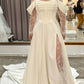 Cream Satin Off-the-Shoulder Lace Sleeve Slit Floor-Length Elegant Wedding Dress NV6232