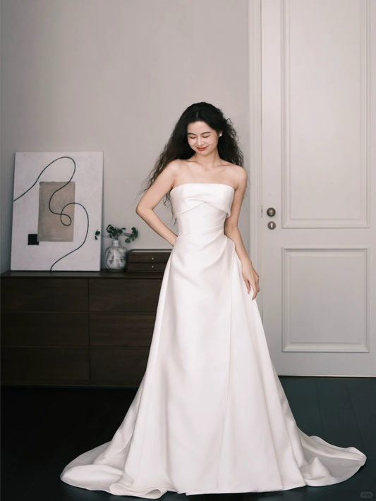 Strapless Twist Satin A-Line Wedding Dress with Side Slit & Pockets  NV7384