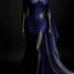 Robe de soirée longue fendue sexy en tulle perlé bleu royal nv5121
