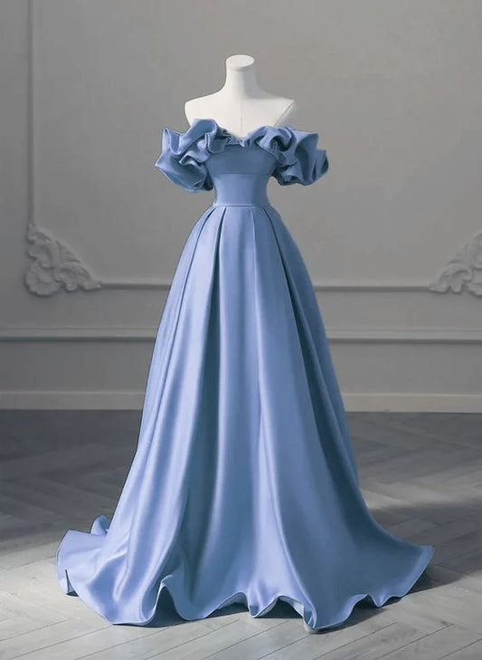 Robe de soirée longue en satin bleu simple et unique, coupe trapèze, épaules dénudées, robe de soirée, robe de bal nv2051