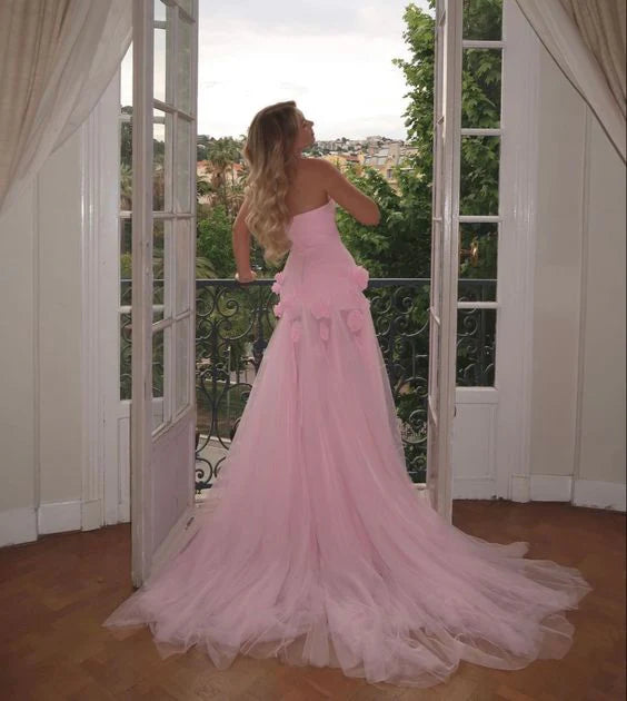 NiceVestidos – Langes, bodenlanges Chiffon-Ballkleid mit rosa Blumenmuster und Schleppe NV5685