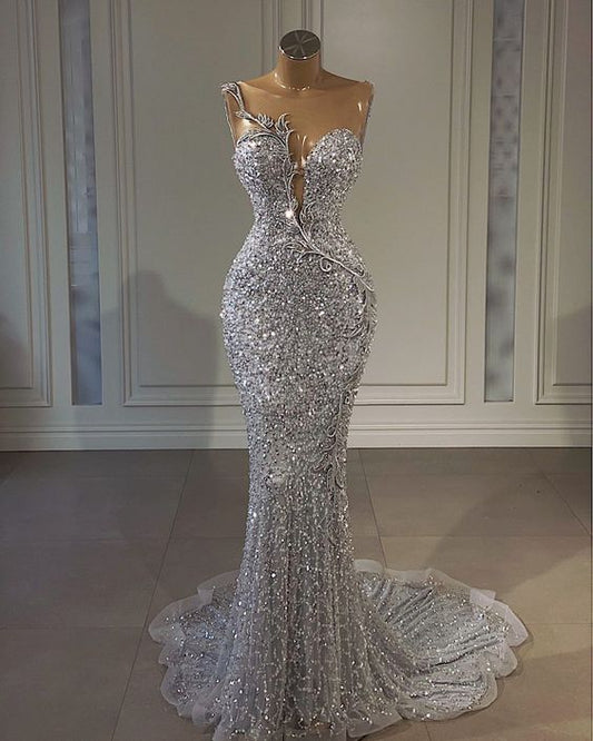 Robe de soirée longue sans manches à paillettes argentées et longueur au sol style sirène nv2067