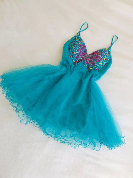 Blue Beaded Short Tulle Homecoming Dress Birthday Cocktail Party Dress nv4656