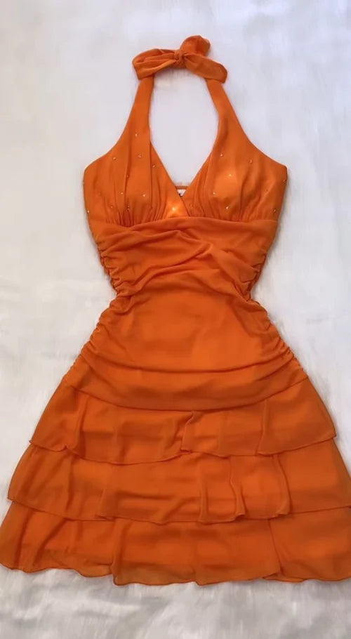 NiceVestidos – Orangefarbenes kurzes Mini-Partykleid aus Chiffon, Heimkehrkleid NV5696