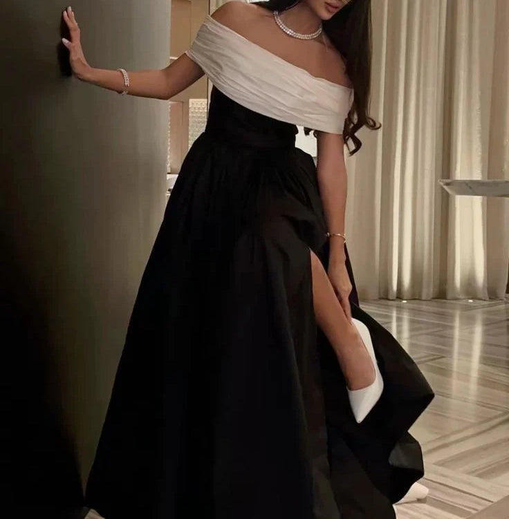 Black fashion elegant charming one shoulder off shoulder short sleeve long slit ball gown evening dress party dress nv2454