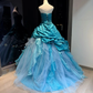 Turquoise Strapless Ball Gown Beaded Rhinestone Ruffle Tulle Formal Dress  NV6962