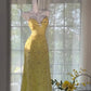 Yellow gorgeous beaded spaghetti strap A-line chiffon long ball gown evening dress party dress nv4229