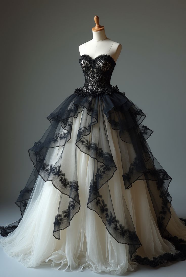 NiceVestidos-Black-White Paneled Lace Tulle Strapless Sleeveless Floor-Length Gothic Gown NV6202