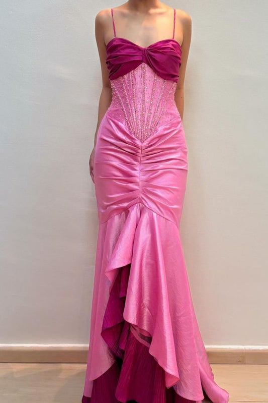 Robe de soirée longue en satin rose vintage à volants et bretelles spaghetti, tenue de soirée exquise, nv3556