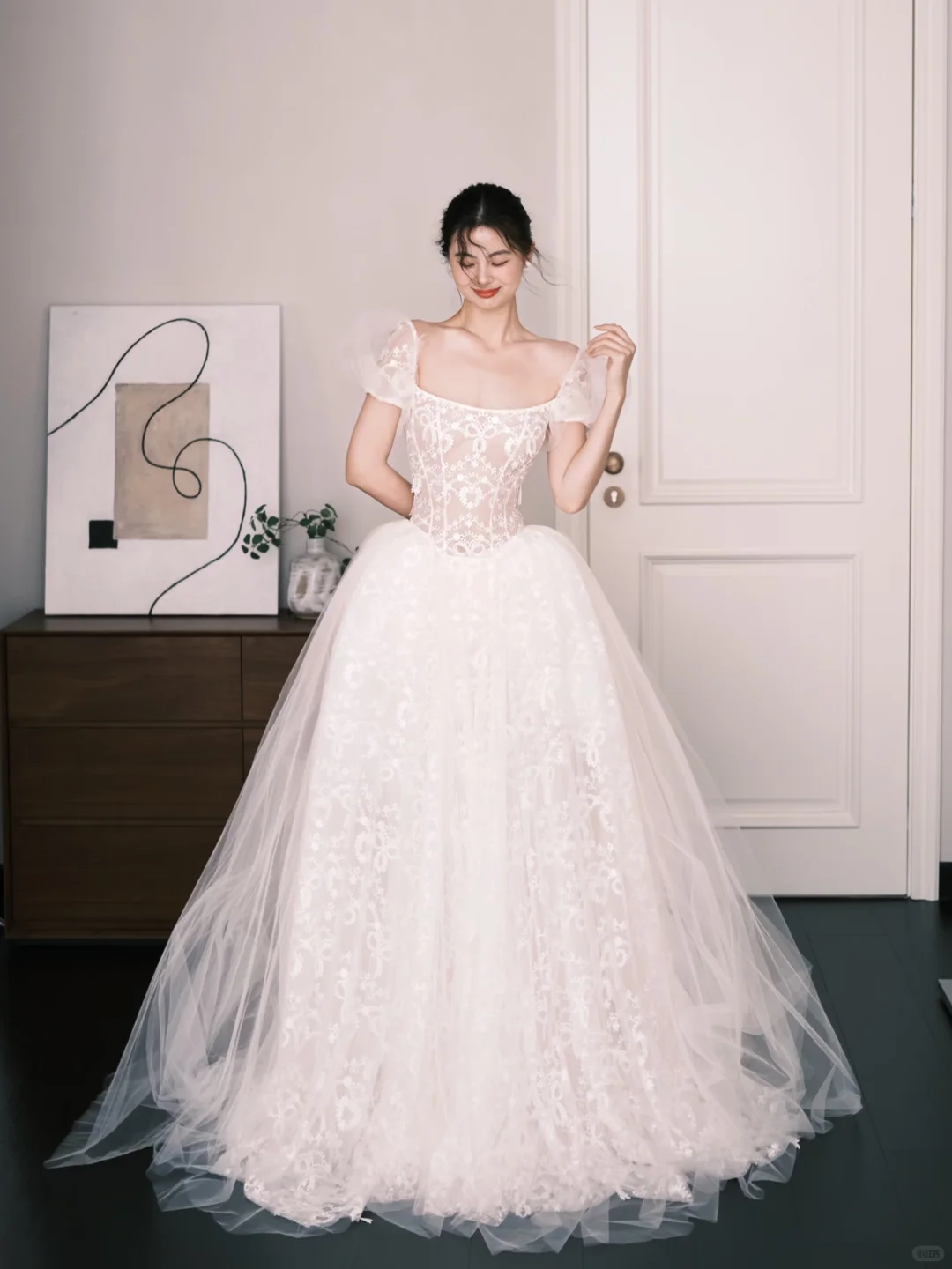 Puff Sleeve Lace Ballgown Wedding Dress Square Neck Bridal Gown  NV7267