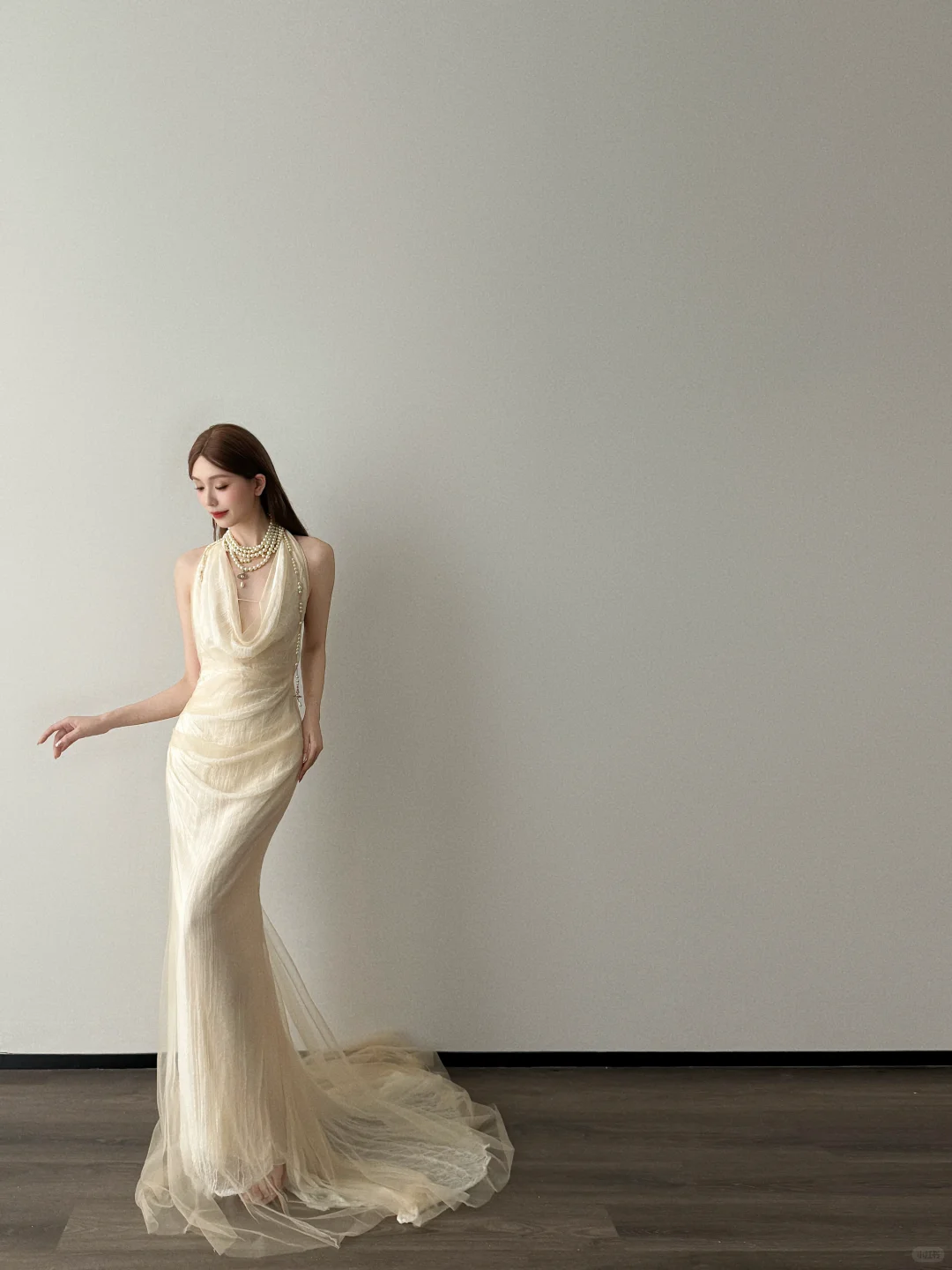 Halter Cowl Neck Mermaid Evening Dress Light Champagne Tulle Gown  NV7121