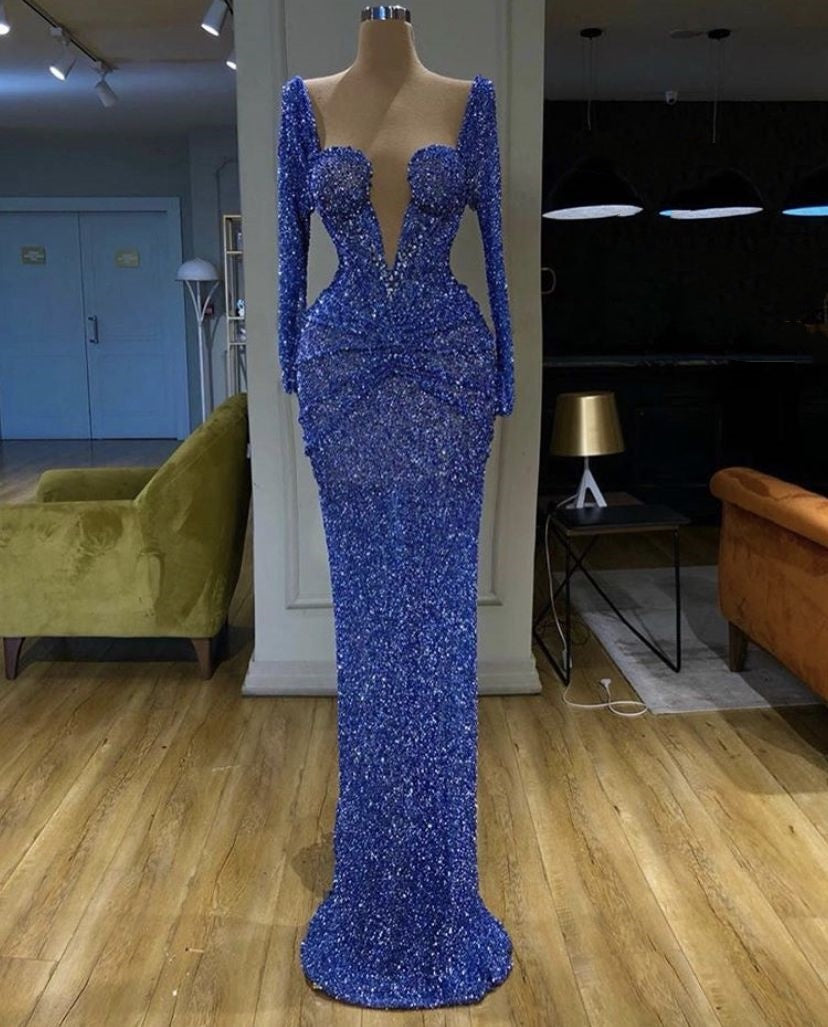Blue Beaded Shiny Gorgeous Sexy Elegant Mermaid Long Floor Length Evening Gown Ball Gown Party Dress nv5110
