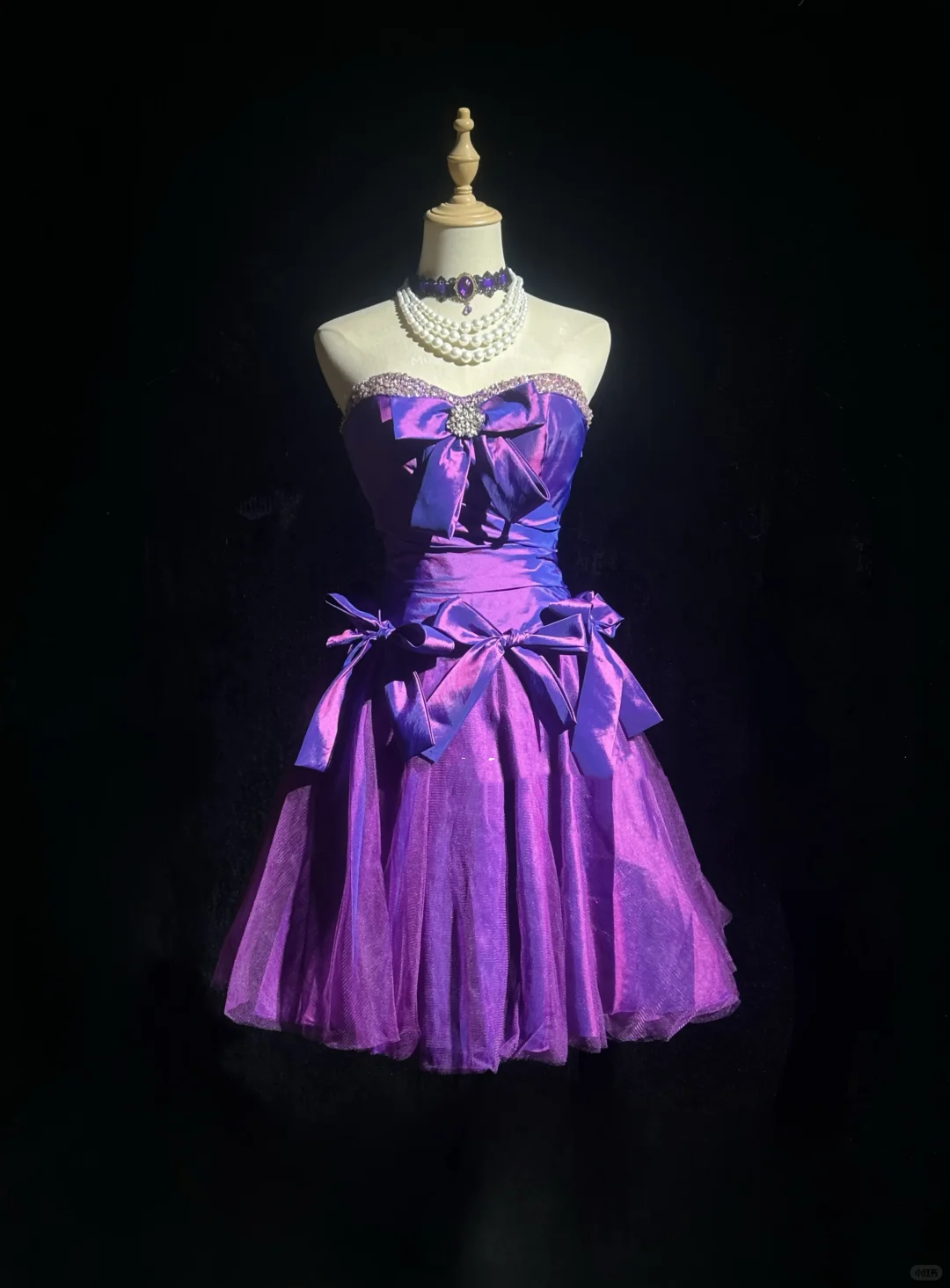 Strapless Purple Short Prom Dress Rhinestone Trim Satin Bows Voluminous Tulle Mini Formal Gown  NV6898