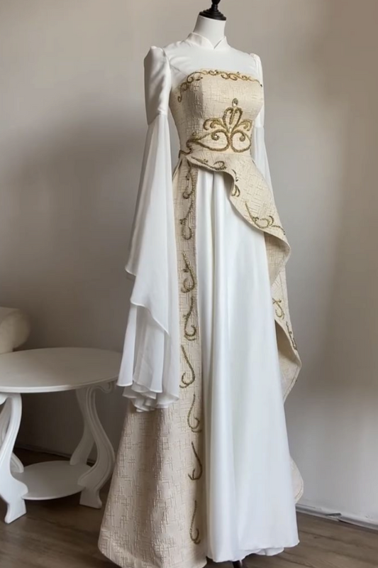 NiceVestidos--Elegant Spliced Embroidery Chiffon Flared Sleeve Long Gown, Retro Palace - Style Jacquard Banquet Dress NV5754