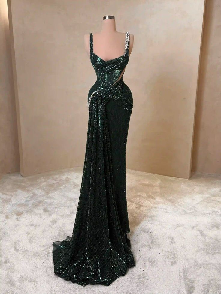 NiceVestidos-Emerald Green Sequin Beaded Sleeveless Floor-Length Train Mermaid Gown NV6185