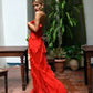 Red fashion spaghetti straps long Chiffon ruffled bodycon ball gown evening dress party dress nv3544