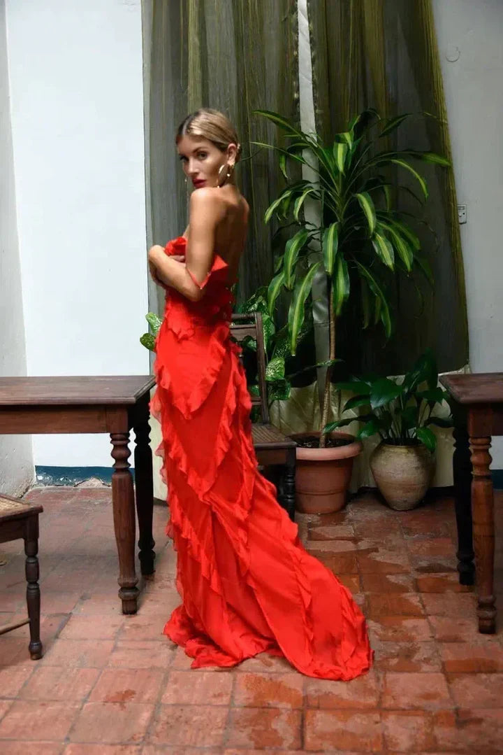 Red fashion spaghetti straps long Chiffon ruffled bodycon ball gown evening dress party dress nv3544