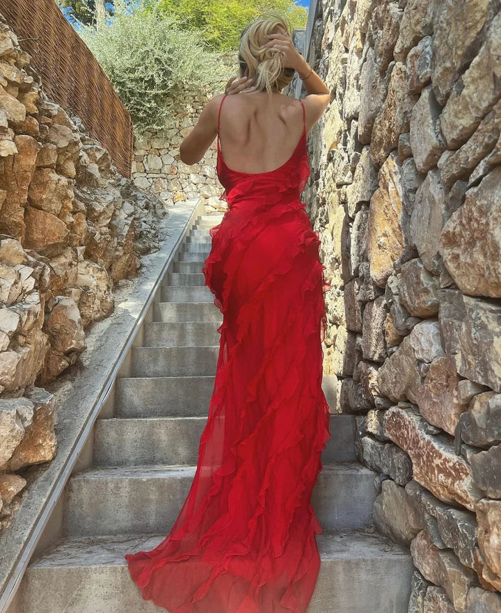 Red fashion spaghetti straps long Chiffon ruffled bodycon ball gown evening dress party dress nv3544