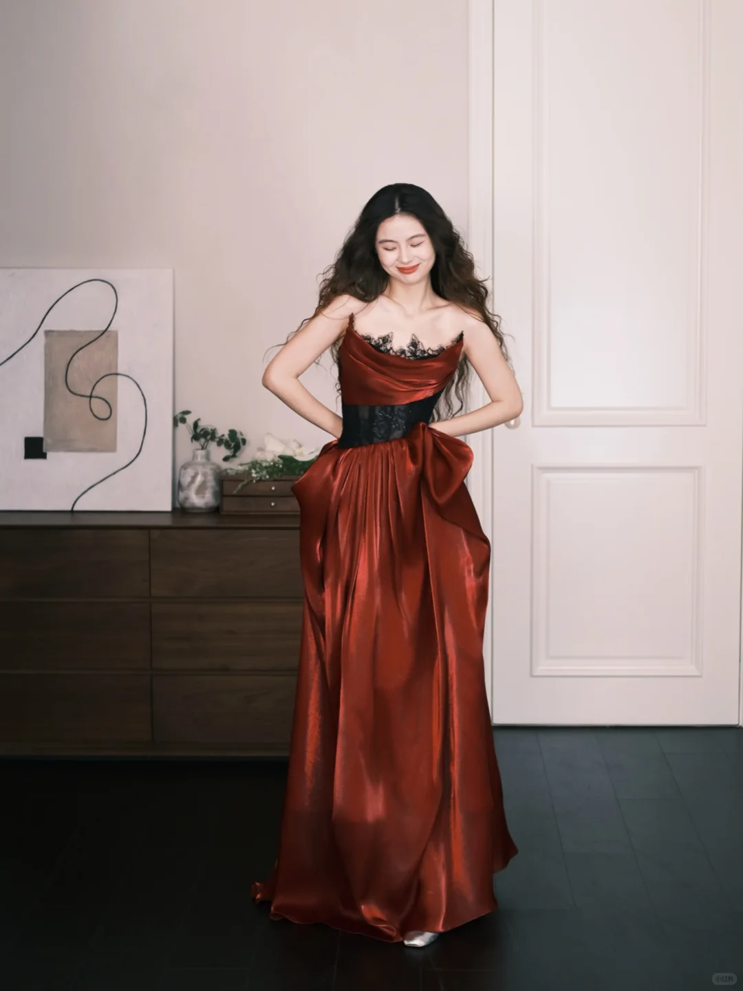 Burgundy Strapless Lace Waist Satin Evening Ball Gown  NV7324