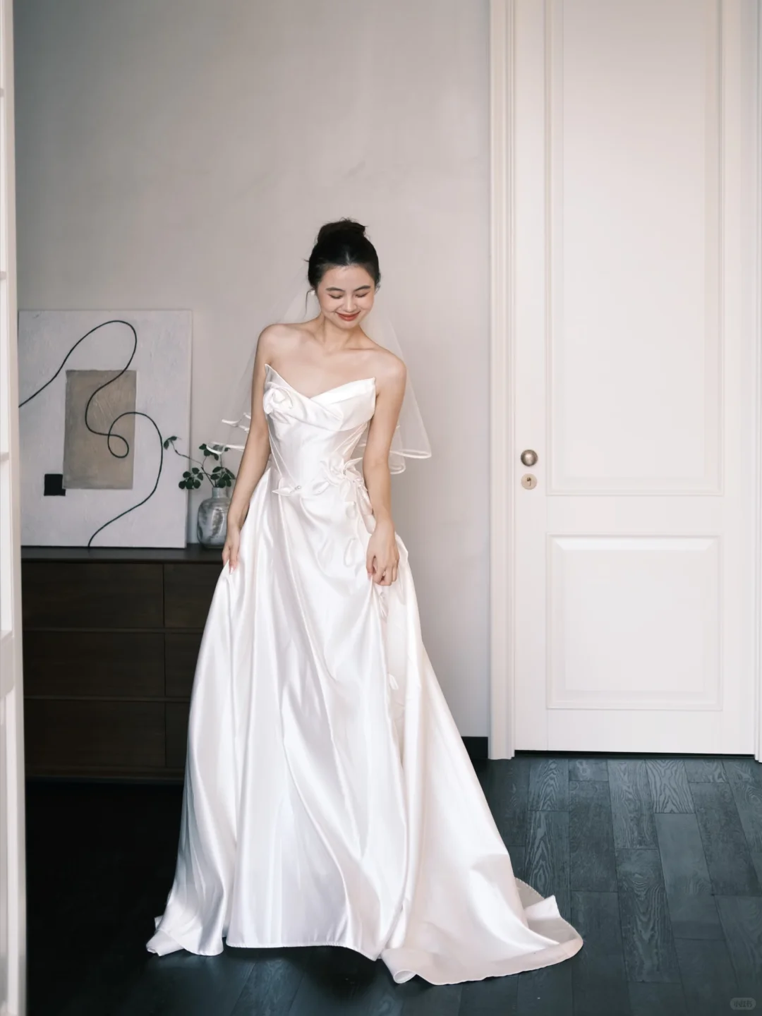 Asymmetric Strapless Satin Wedding Gown, 3D Flower A Line Bridal Dress  NV7353