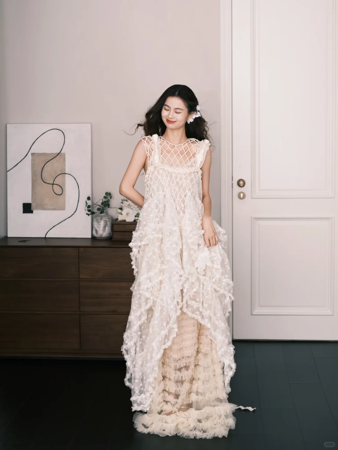 Ivory Mesh Cutout 3D Floral Ruffle Tulle Wedding Dress  NV7299
