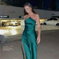 Robe de soirée longue en satin vert sans bretelles, simple et élégante, à épaules dénudées, avec cape à paillettes nv2519