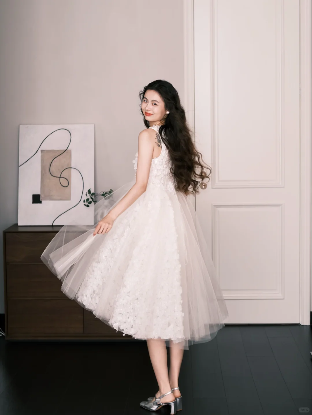 Square Neck 3D Floral Short Tulle Gown, Wide Strap Bridal Dress  NV7263
