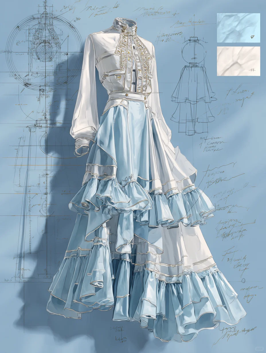 Vintage Gold Piping Tiered Ruffle Two Piece Victorian Maxi Gown  NV7396