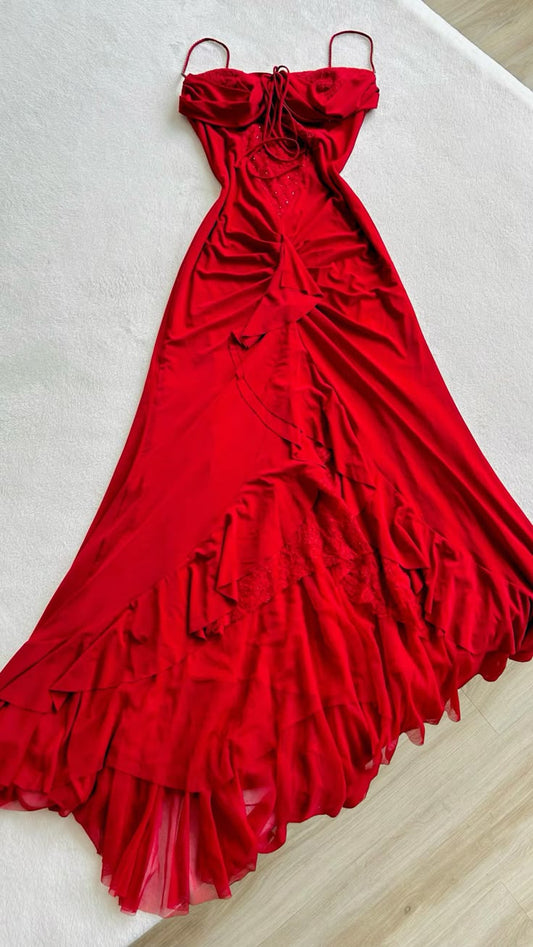 Robe de soirée longue rouge élégante et charmante en mousseline de soie, robe de bal à perles exquises, robe de soirée nv3994