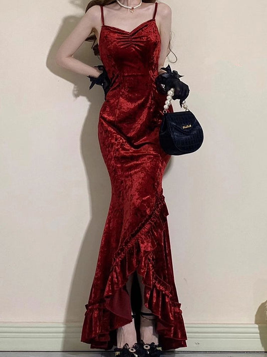 Beautiful Red Elegant Long Mermaid Slim Velvet Prom Dress nv4818
