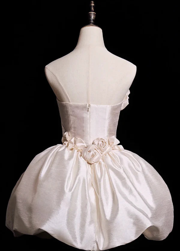 Cute A Line V Neck 3D Floral White Satin Short Homecoming Dress Birthday Dress nv5395