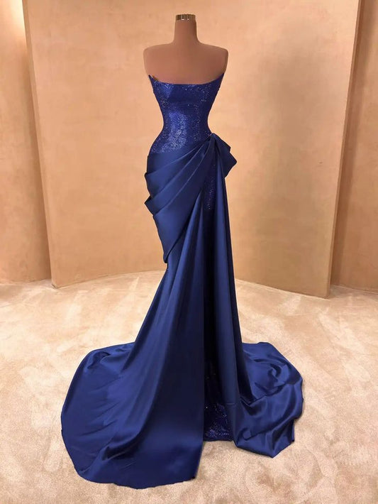 NiceVestidos-Blue Shimmering Long Satin Prom Dress NV6141