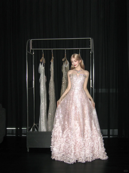 Strapless Light Pink Ball Gown Prom Dress, Sequin 3D Petal Evening Gown  NV7107