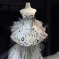 White Avant-Garde Ruffled Tulle Long Train Gown Strapless Rhinestone Crystal Prom Dress  NV7081