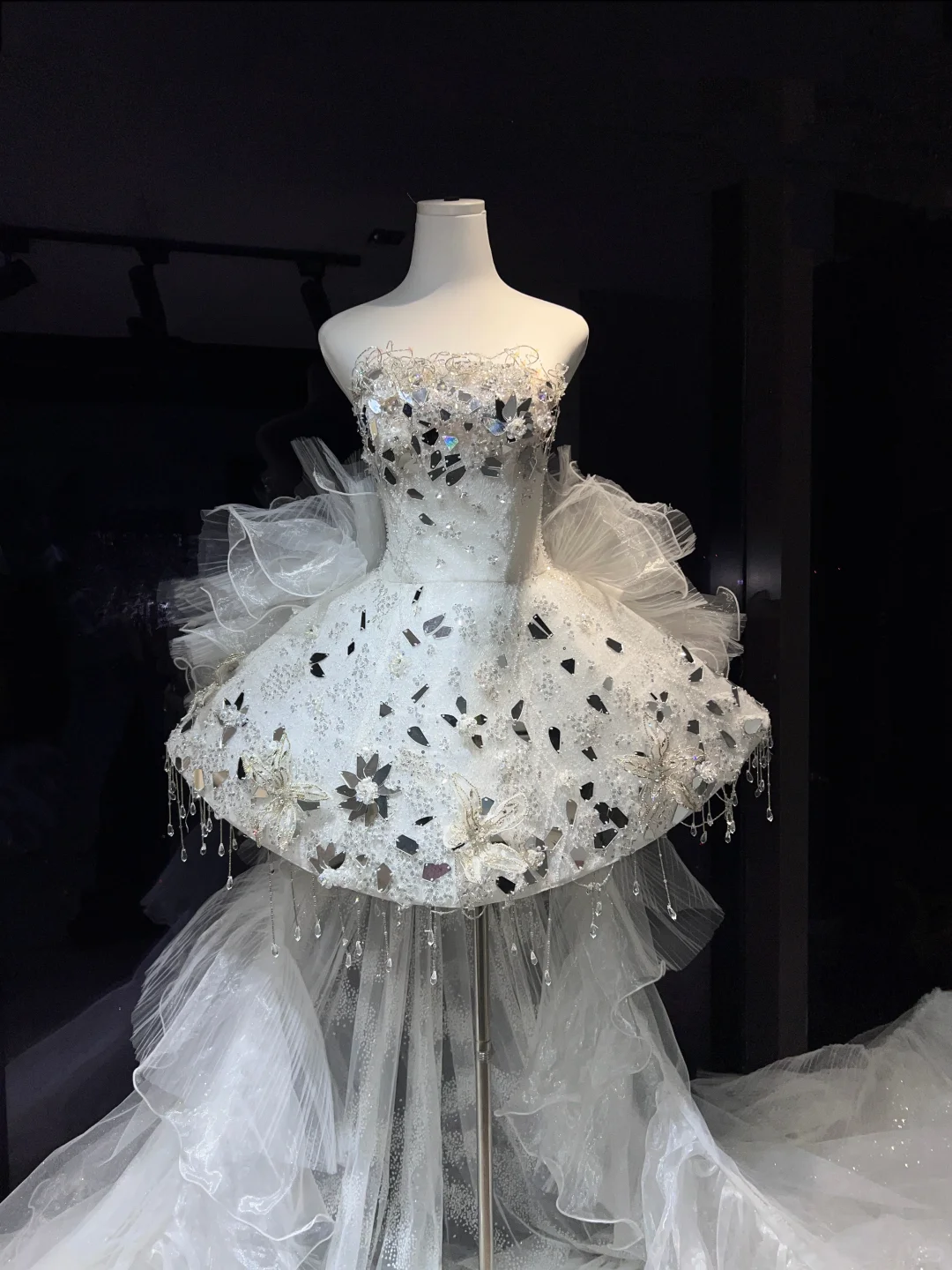 White Avant-Garde Ruffled Tulle Long Train Gown Strapless Rhinestone Crystal Prom Dress  NV7081