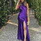 Robe de soirée longue en satin violet, simple et élégante, épaules dénudées, nv5219