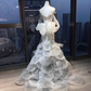 Strapless Silver White Mermaid Gown Hand Beaded Rhinestone Tiered Petal Glitter Tulle Prom Dress  NV7027