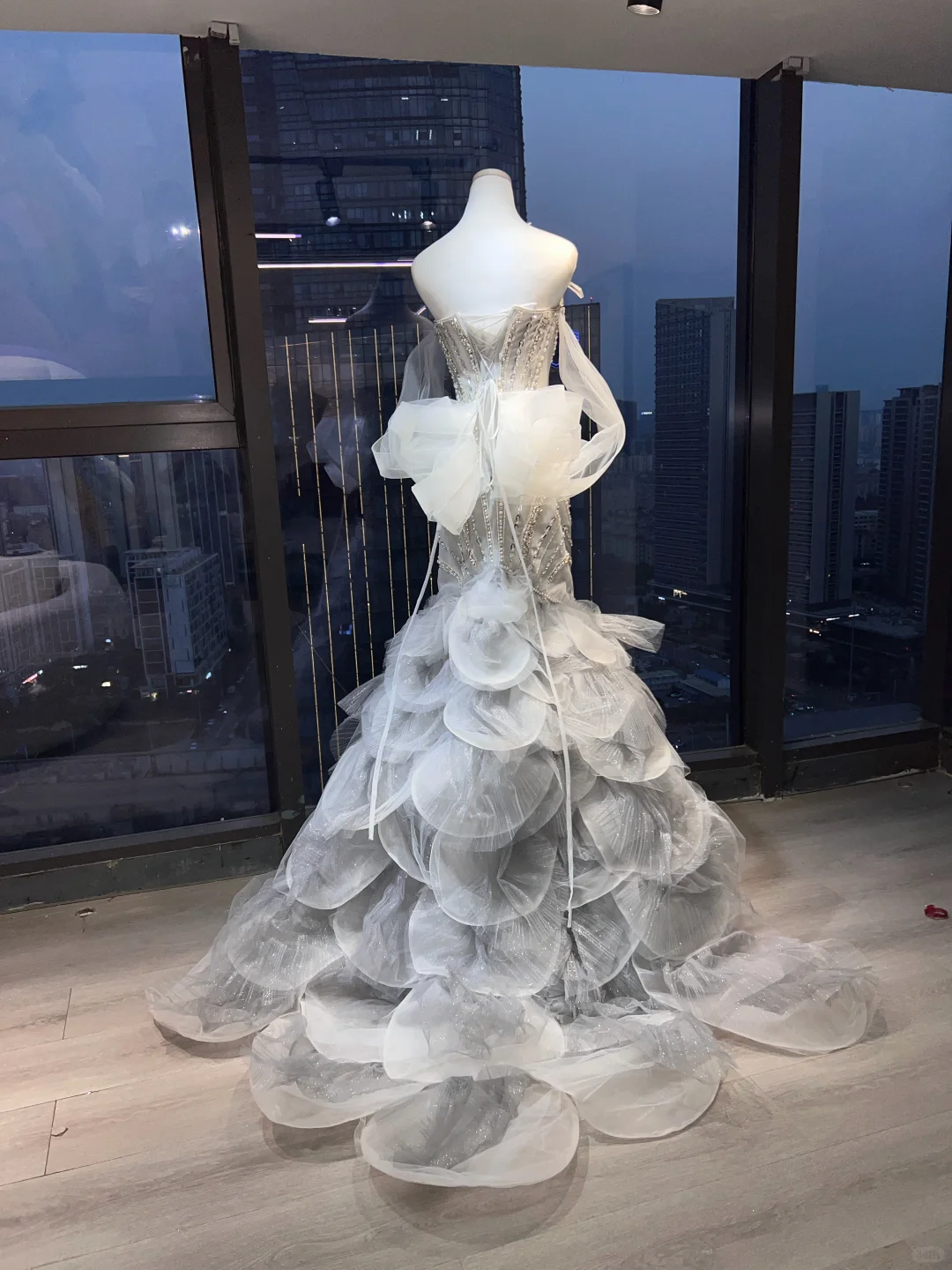 Strapless Silver White Mermaid Gown Hand Beaded Rhinestone Tiered Petal Glitter Tulle Prom Dress  NV7027