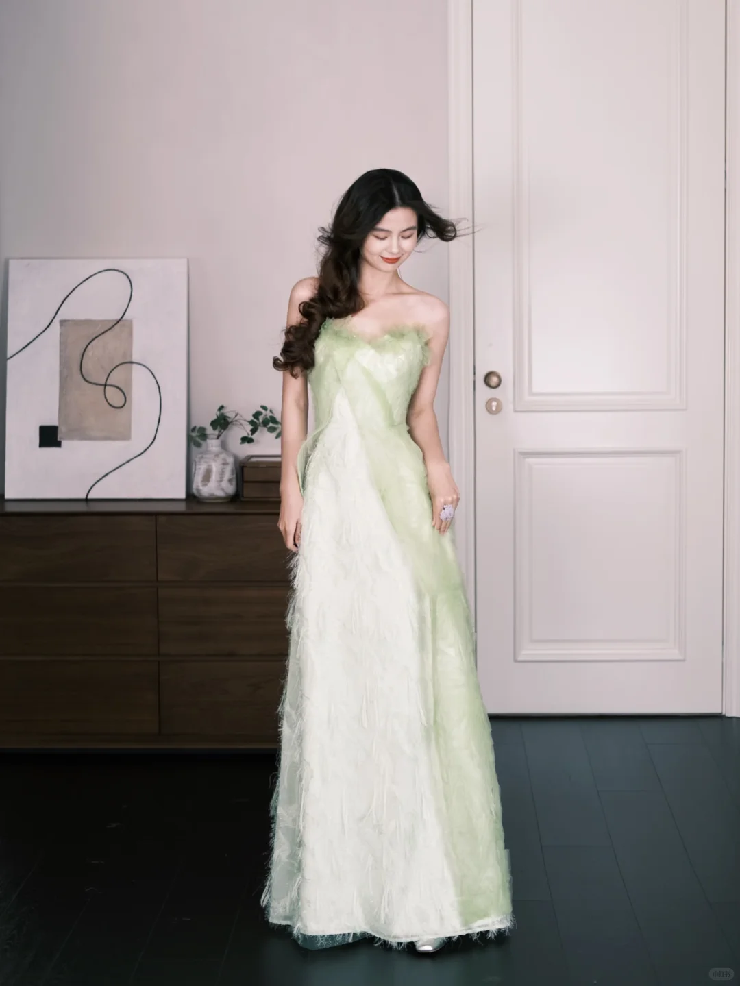 Mint Green Strapless Feather Tulle Evening Gown, Fairy Prom Dress  NV7290