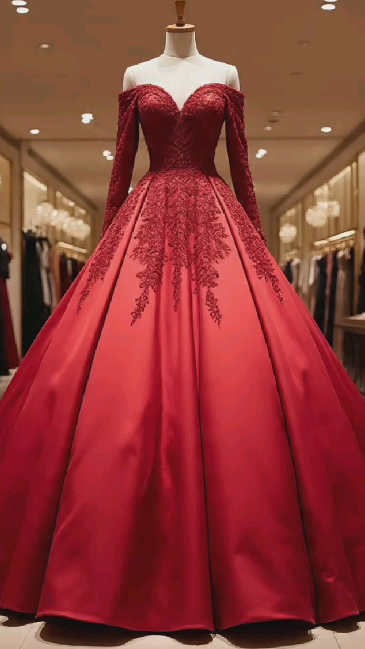 NiceVestidos-Red Satin and Lace Paneled Off-Shoulder Long Sleeve Floor-Length Ball Gown NV6166