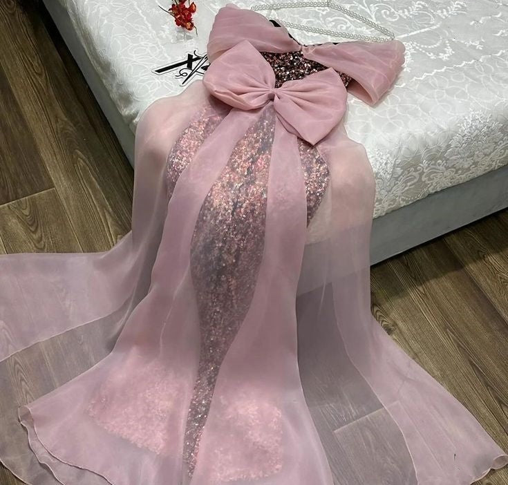 Robe de soirée longue élégante en tulle à paillettes brillantes et magnifiques rose clair/rose foncé nv3171