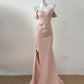 White/Pink Simple Elegant Long Satin Floor Length Slit Ball Gown Evening Gown Party Dress nv4128
