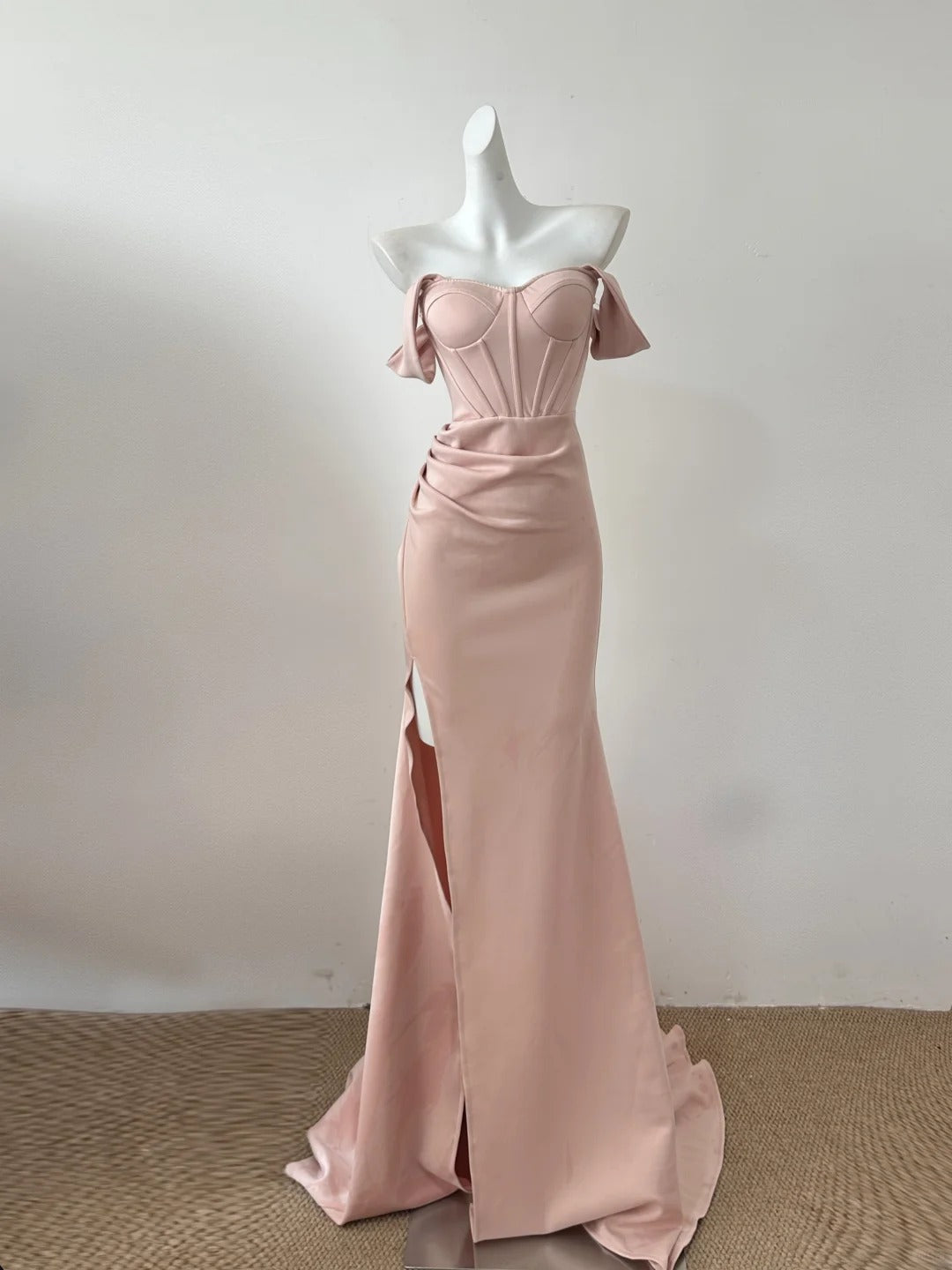 White/Pink Simple Elegant Long Satin Floor Length Slit Ball Gown Evening Gown Party Dress nv4128