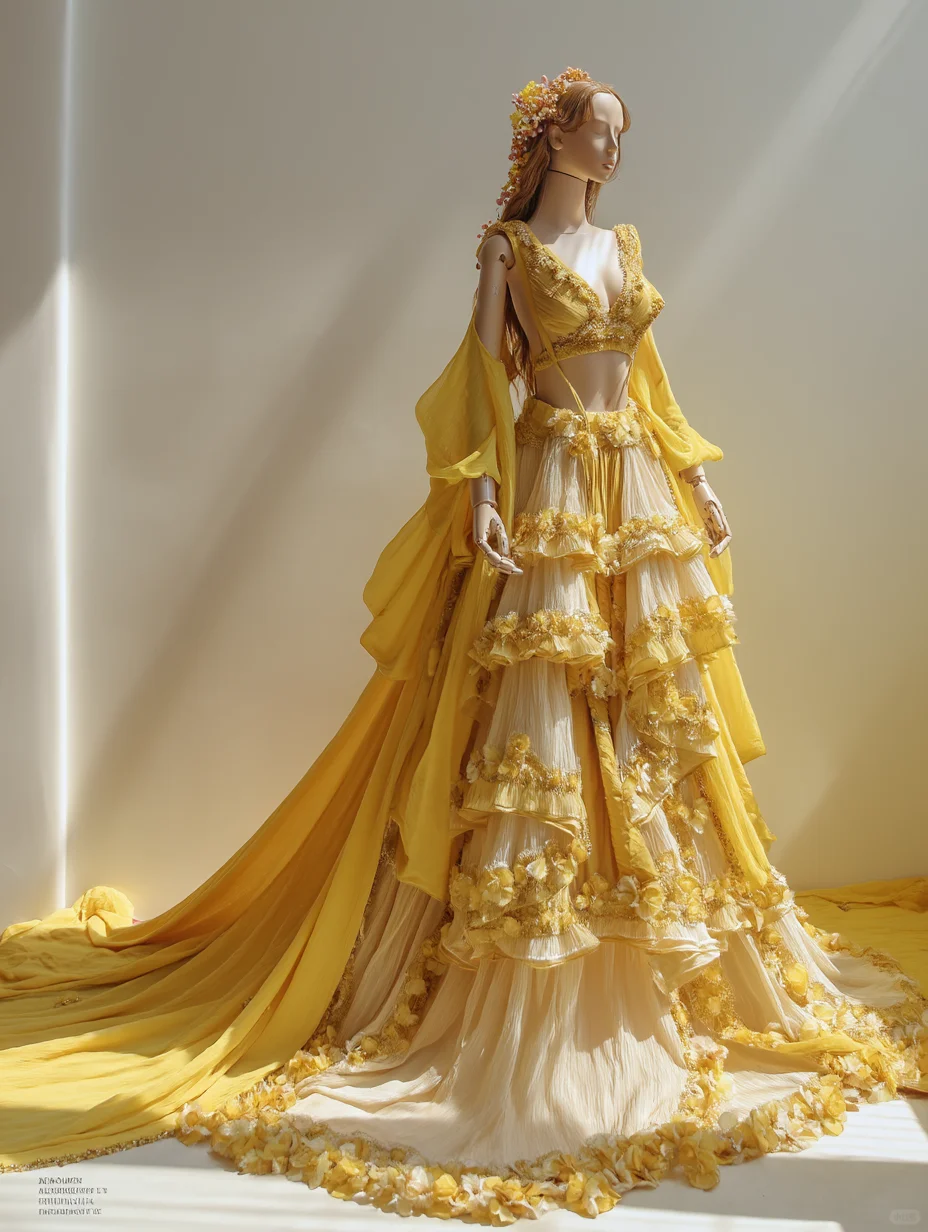 Yellow Ombre 2-Piece Fairy Gown with Cape Sleeve and 3D Floral Long Train  NV7486
