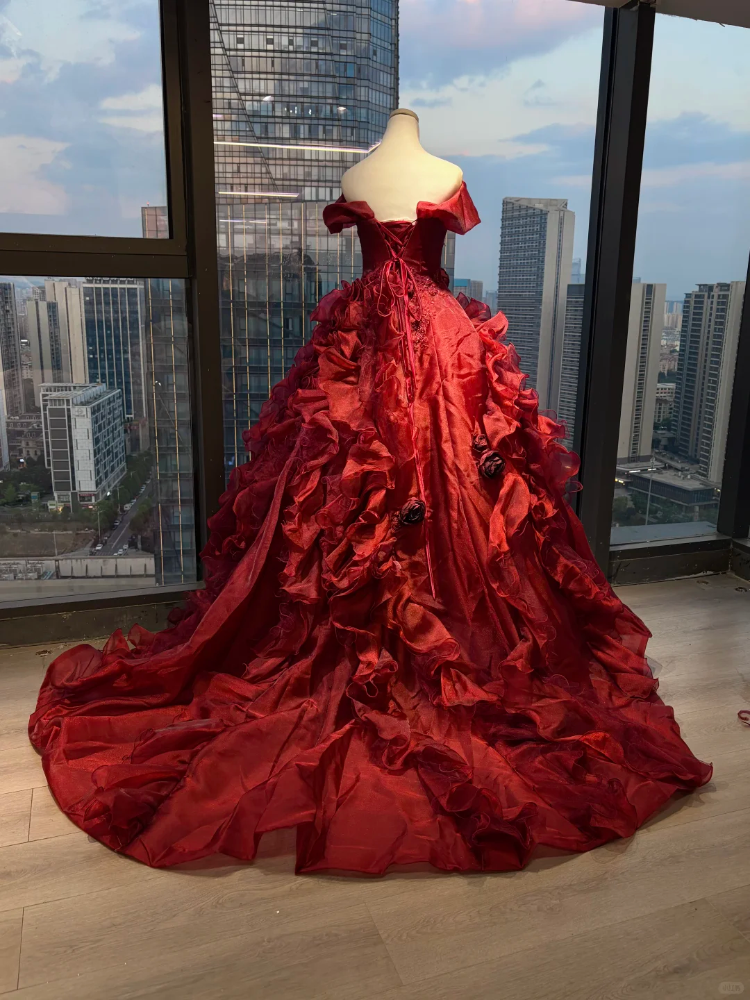 Strapless Burgundy Ball Gown Hand Beaded 3D Rose Ruffle Satin Tulle Prom Dress  NV7040