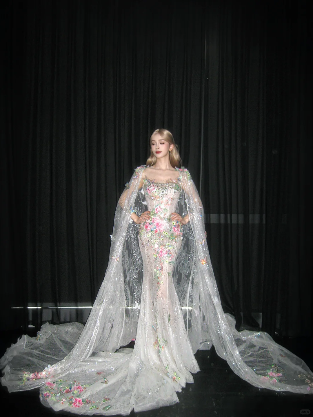 Strapless 3D Floral Mermaid Prom Dress, Beaded Tulle Cape Evening Gown  NV7106