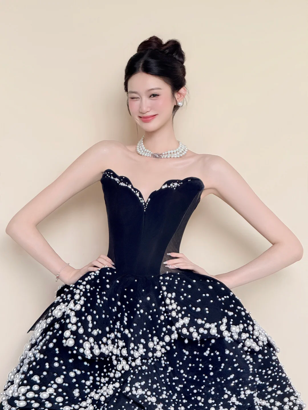 Strapless Black Starry Sky Prom Dress, White Pearl Beaded Tiered Ball Gown  NV7428