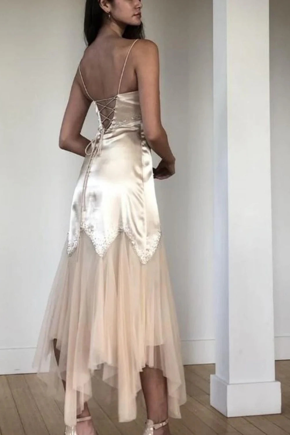 Champagne retro French elegant satin long Prom dress evening dress party dress wedding guest dress nv5359