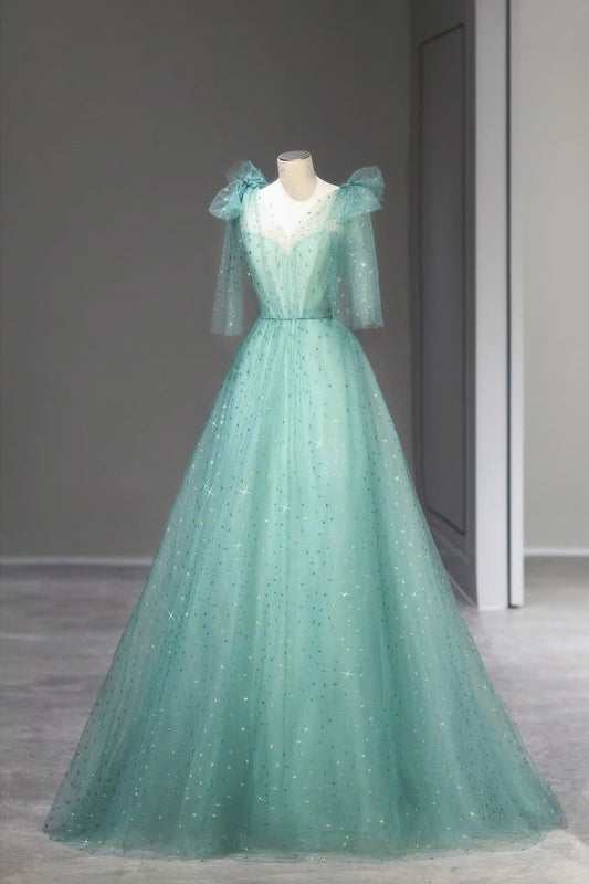 Light green shiny elegant sweet short-sleeved long sequined tulle ball gown evening gown graduation gown adult ceremony gown nv3781